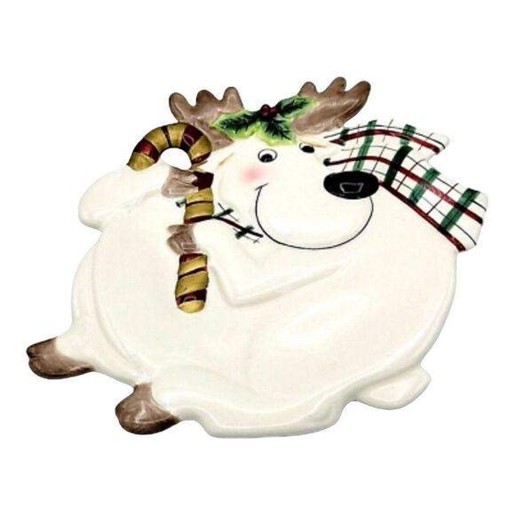 Vintage Fitz & Floyd Christmas Reindeer Canape Plate Cookies Candy Tray 10" Cute - Picture 4 of 11